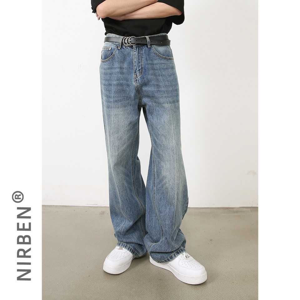 Quần jeans nam ống đứng dáng suông rộng, denim xử lý giặt retro phong cách Mỹ, quần dài mặc hằng ngày — Màu xanh lam