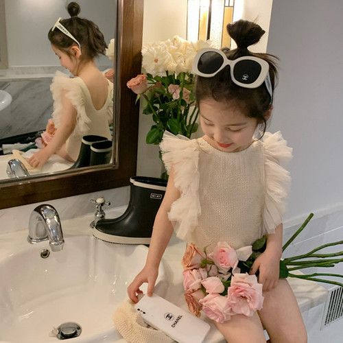 Girls one-piece sweet skirt swimsuit summer sleeveless lace fashionable mesh swimsuit swim cap little princess baby