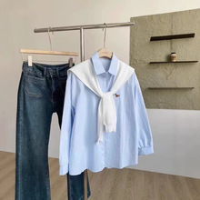 休闲纯色小狗刺绣纯棉衬衫女2025年韩系百搭蓝色长袖夏季防晒衣批