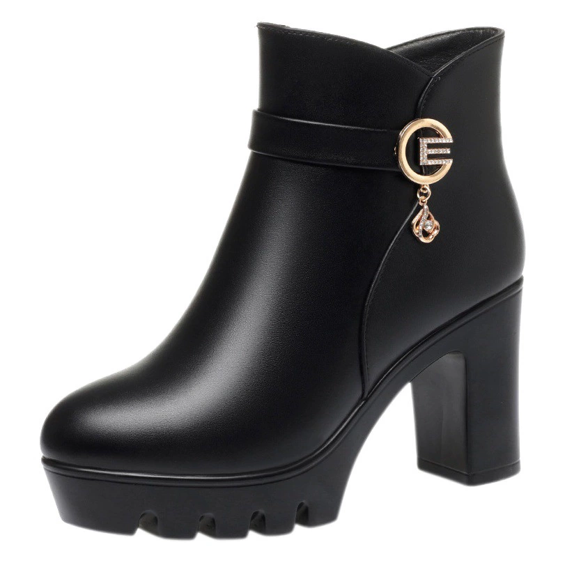 Короткие сапоги для мамы осень-зима 2023 новые туфли с хлопковой подкладкой, женские туфли на платформе и массивном каблуке, короткие женские сапоги, кожаная обувь на флисовой подкладке, модные сапоги