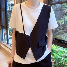 假两件拼接马甲短袖T恤女2025夏季新款时尚百搭宽松减龄打底上衣