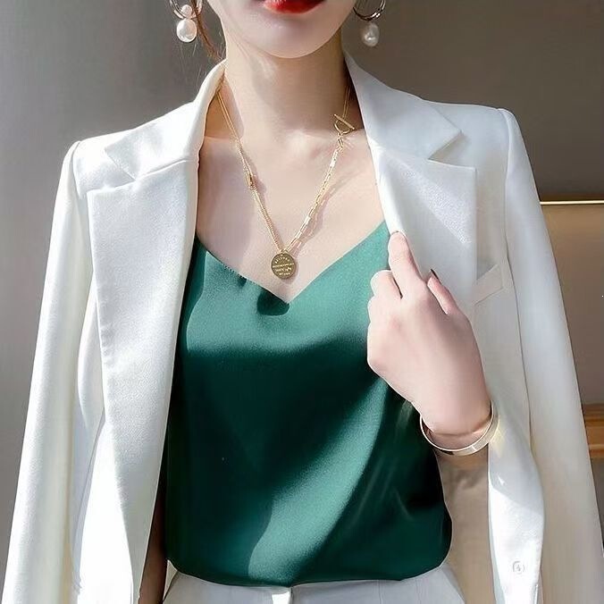 Clearance from Store: Women's Camisole Tank Top, Ice Silk, Beautiful Back Design, Suitable for Wearing under a Blazer, White and Black, Satin Silk Top for Summer