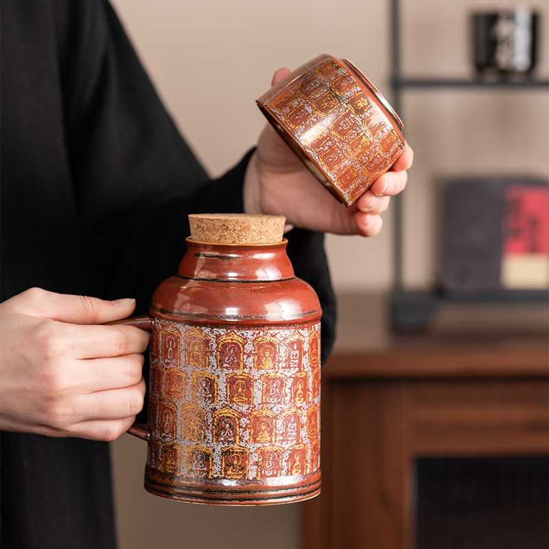 敦煌千佛小暖壶杯子马克杯带盖中式陶瓷水杯保温瓶泡茶杯办公杯子