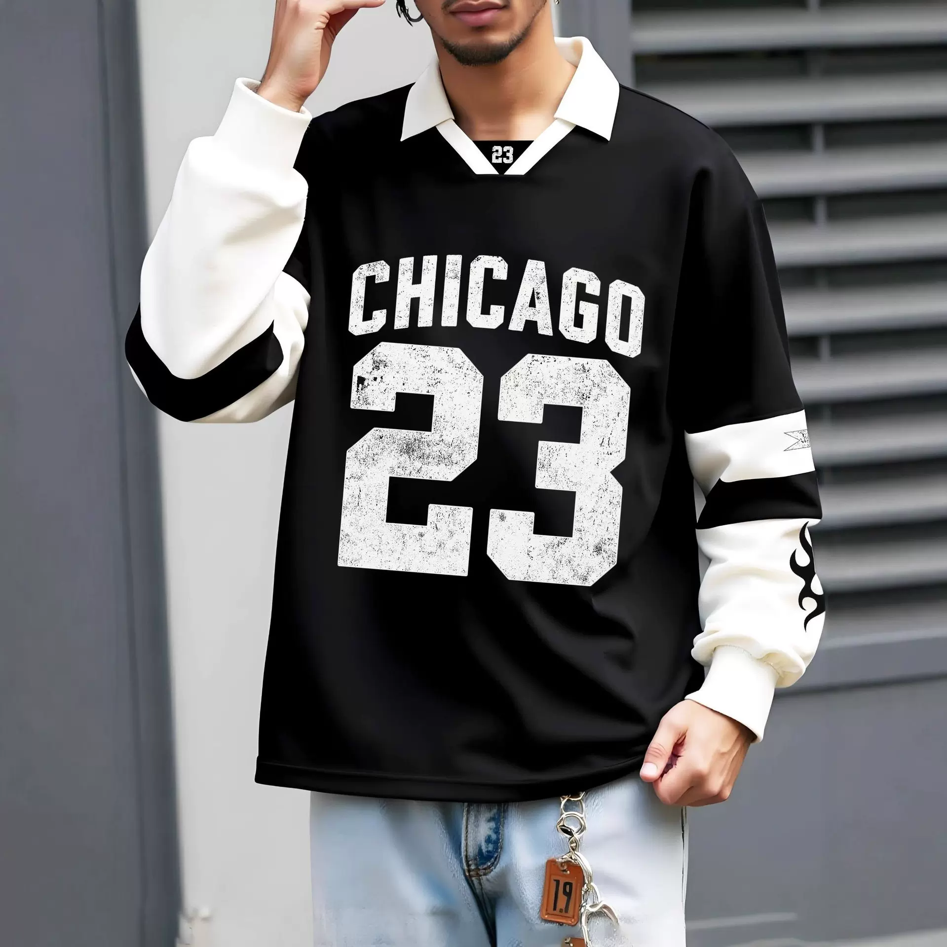 美式复古polo领运动风3D印花卫衣男春秋季款情侣潮牌高级感痞帅衫