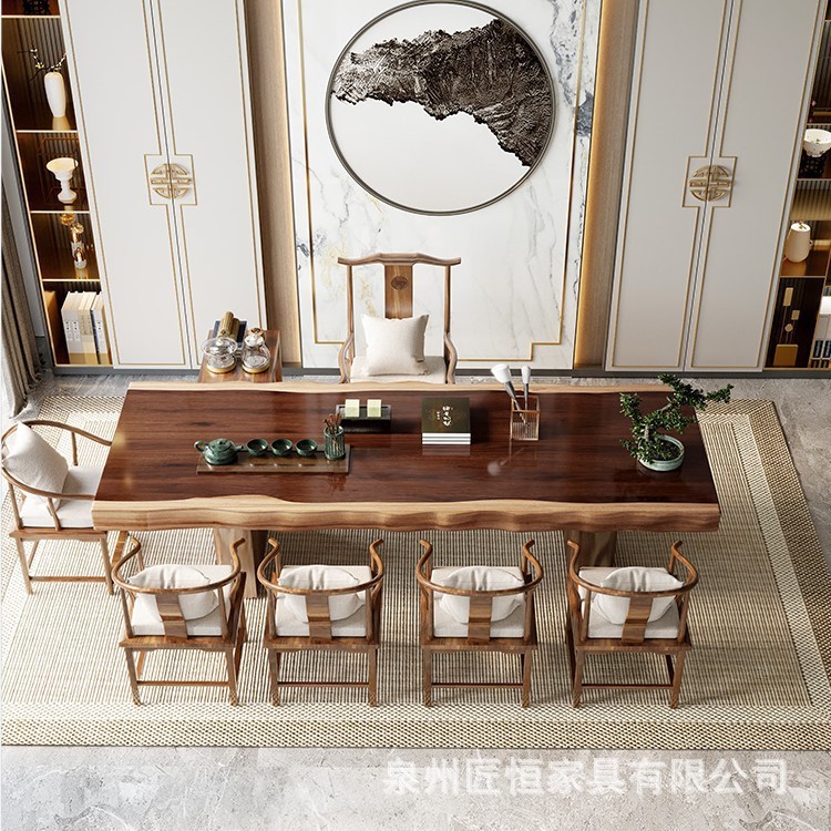 新中国式自然辺大板実木茶卓セット原木不規則茶台オフィス泡茶テーブル椅子|undefined