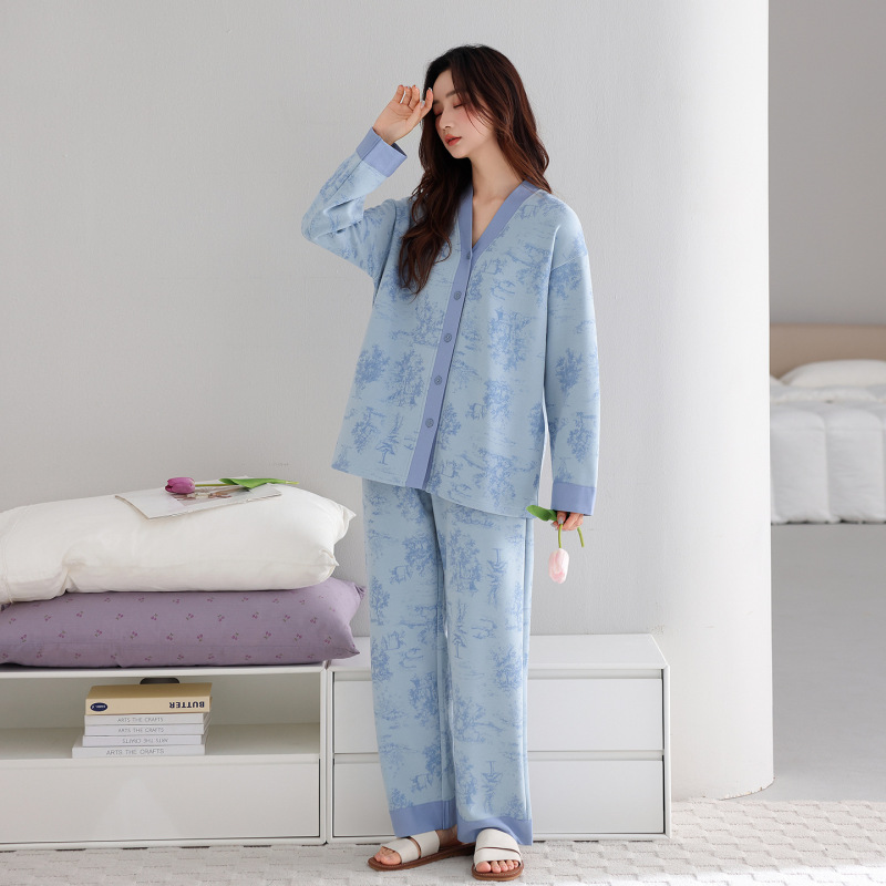 德绒保暖加绒睡衣女秋冬季长袖长裤和服V领开衫可外穿大码家居服|undefined