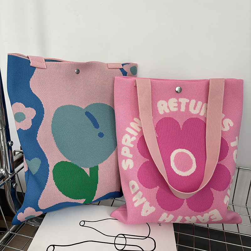 Bolsa de mano de punto de diseño simple flor frutas color contrastante bolso de mano de viaje fuera de gran capacidad bolso de hombro