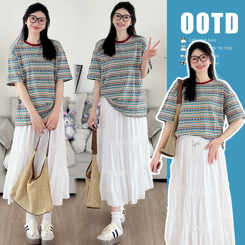 Реальный выстрел 2024 Летний ретро-гавань с контрастными цветами в полоску футболка белый торт юбка для беременных костюм