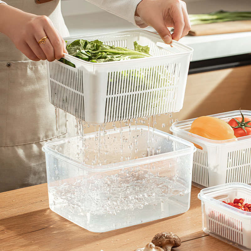 Caja de almacenamiento del refrigerador, canasta de drenaje, caja de conservación fresca, cocina de grado alimenticio, frutas y verduras, artefacto de congelación de doble capa especial image 4