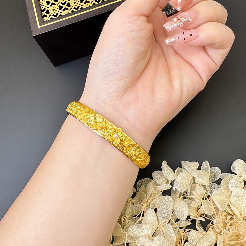 Antigua pulsera de bendición de loto clásico chino de oro de arena, pulsera de lujo ligero de temperamento de alta gama para mujer