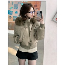 美式辣妹复古驼色毛领连帽棉服女2025冬季新款短款收腰保暖面包服