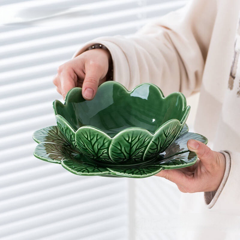 Exported to Portugal, Leaf-Shaped Underglaze Green Ceramic Tableware, Plates, Bowls, and Dessert Bowls
