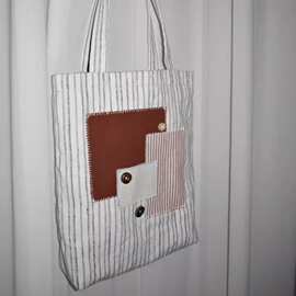 2026新款日式条纹拼接帆布托特包简约百搭大容量单肩包通勤手拎包