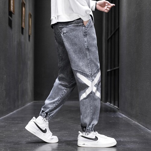 Large size plus fat plus fat plus men's pants, elastic Harlan loose overalls, casual jeans, men's