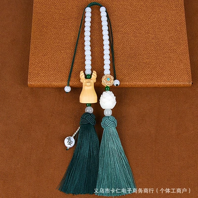 of High-End Boxwood Small Buddha, Car hanging - yilu-has-you-double-tassels-green
