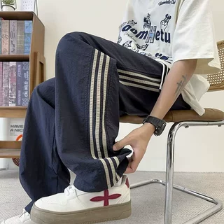褶皱撞色条纹冰丝速干工装裤男款夏季薄款直筒抽绳宽松运动休闲裤