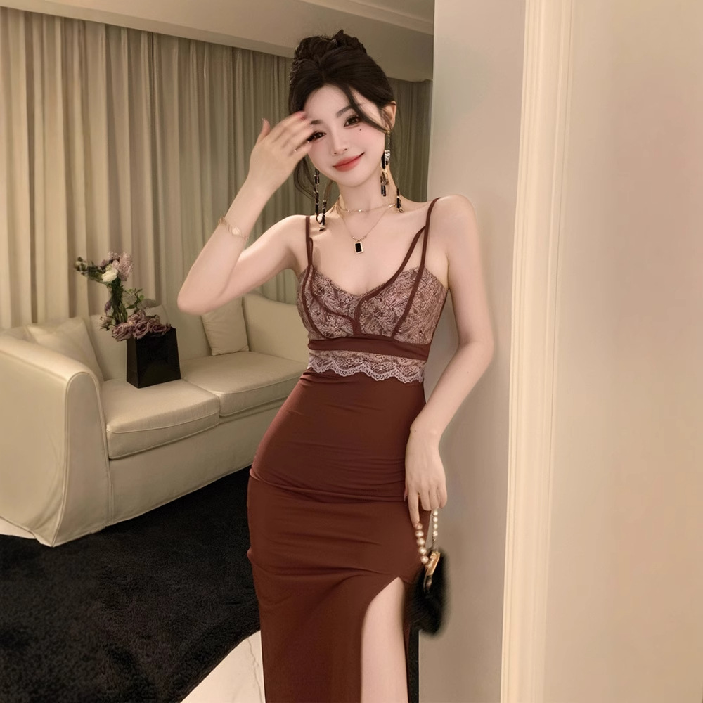 Đầm ôm body nữ dài xẻ tà dây đeo chất liệu thuần khiết — màu sô cô la chi tiết 1