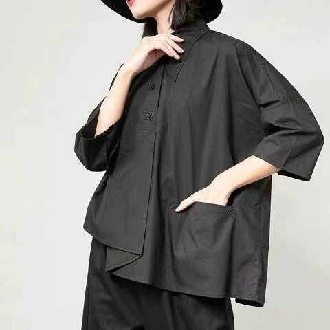 Весенний и летний новый нерегулярный тяжелый рабочий женский лацканный рукав рубашка с семью рукавами тонкий топ темно-bf ветровая рубашка