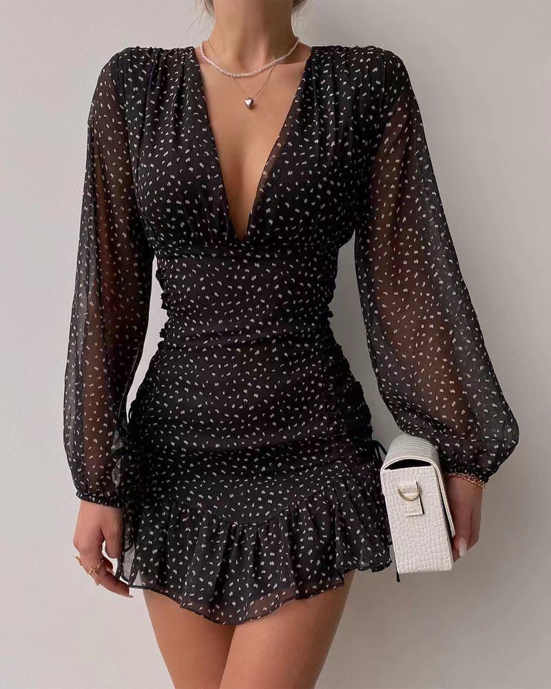 Vestido midi de chifón sexy con cuello en V, elegante y con estampado en la cintura, estilo nuevo transfronterizo europeo y americano 2026