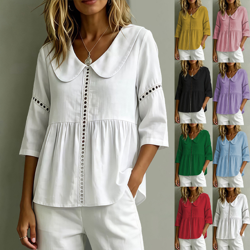 2026 Summer New Style European and American Cross-Border Foreign Trade Casual Lace Splicing Doll Collar Three-Quarter Sleeve Women's Shirt Top 2026 Summer New Style European and American Cross-Border Foreign Trade Casual Lace Splicing Doll Collar Three-Quarter Sleeve Women's Shirt Top