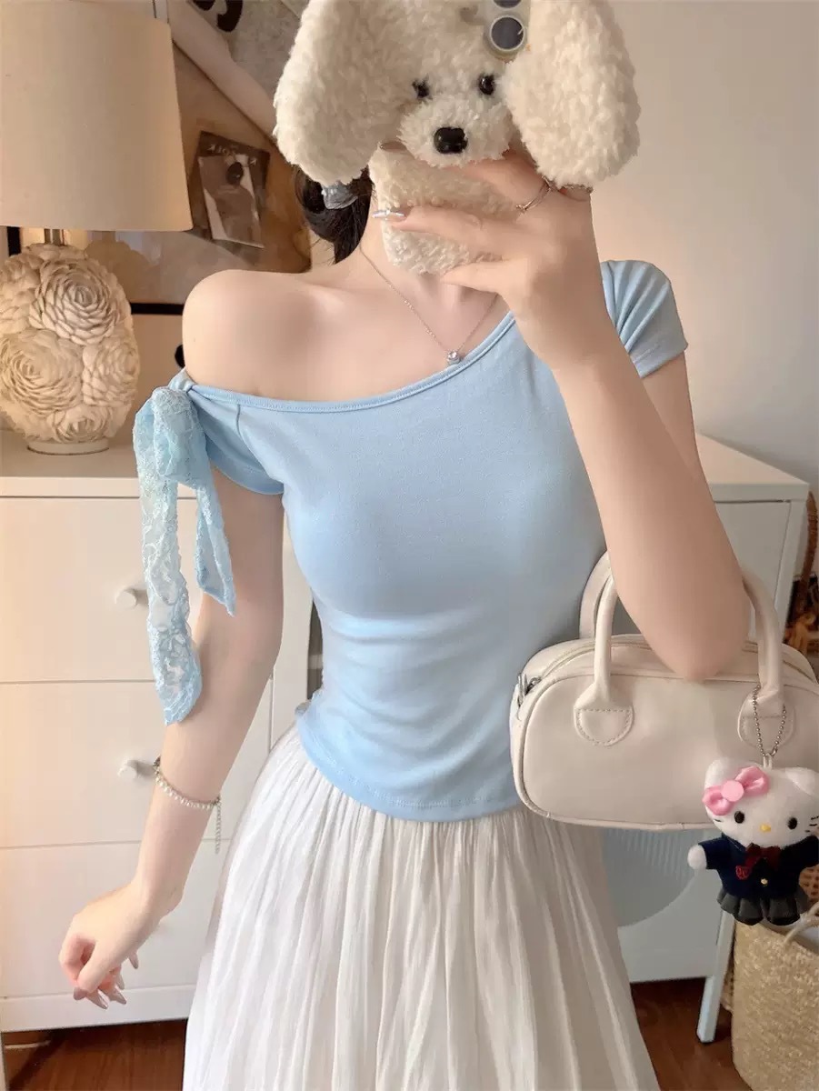 5019 ¿ nueva camiseta de manga corta de hombro inclinado empalmada con encaje de espalda expuesta en verano con almohadilla para mujeres delgadas image 12