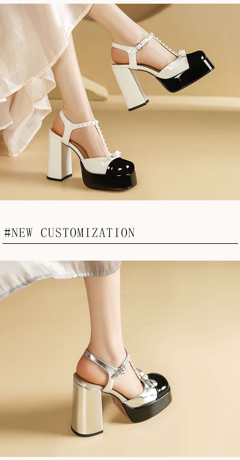 Sandal cao gót nữ mũi vuông phối màu nơ da, gót 12 cm — Màu trắng, Màu bạc chi tiết 3