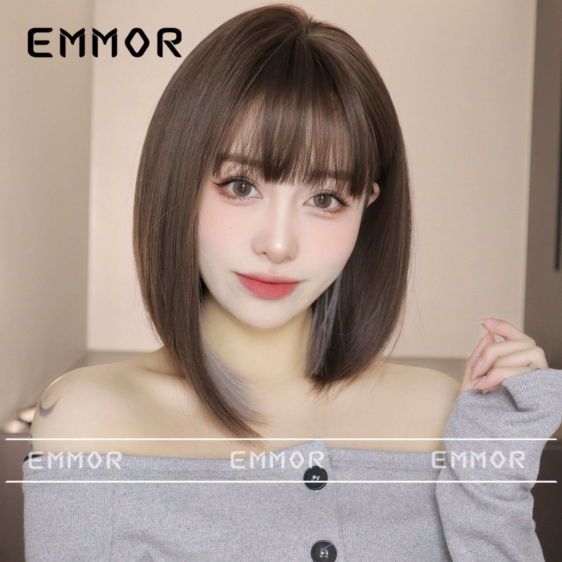 Estilo japonés lindo de las nuevas mujeres peluca explosiones pelo corto recto Bobo cabeza natural mullida peluca cubierta de la cabeza