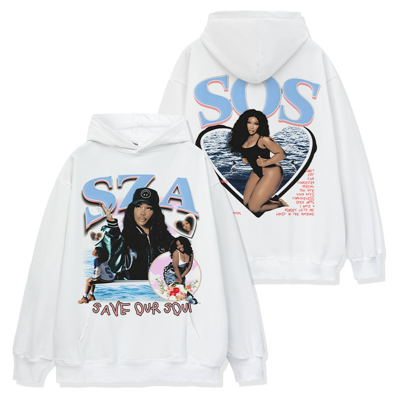 Cross-border American Sisha SZA printed short-sleeved T-shirt heavy pure cotton long-sleeved round-neck washing hooded sweatshirt men wholesale