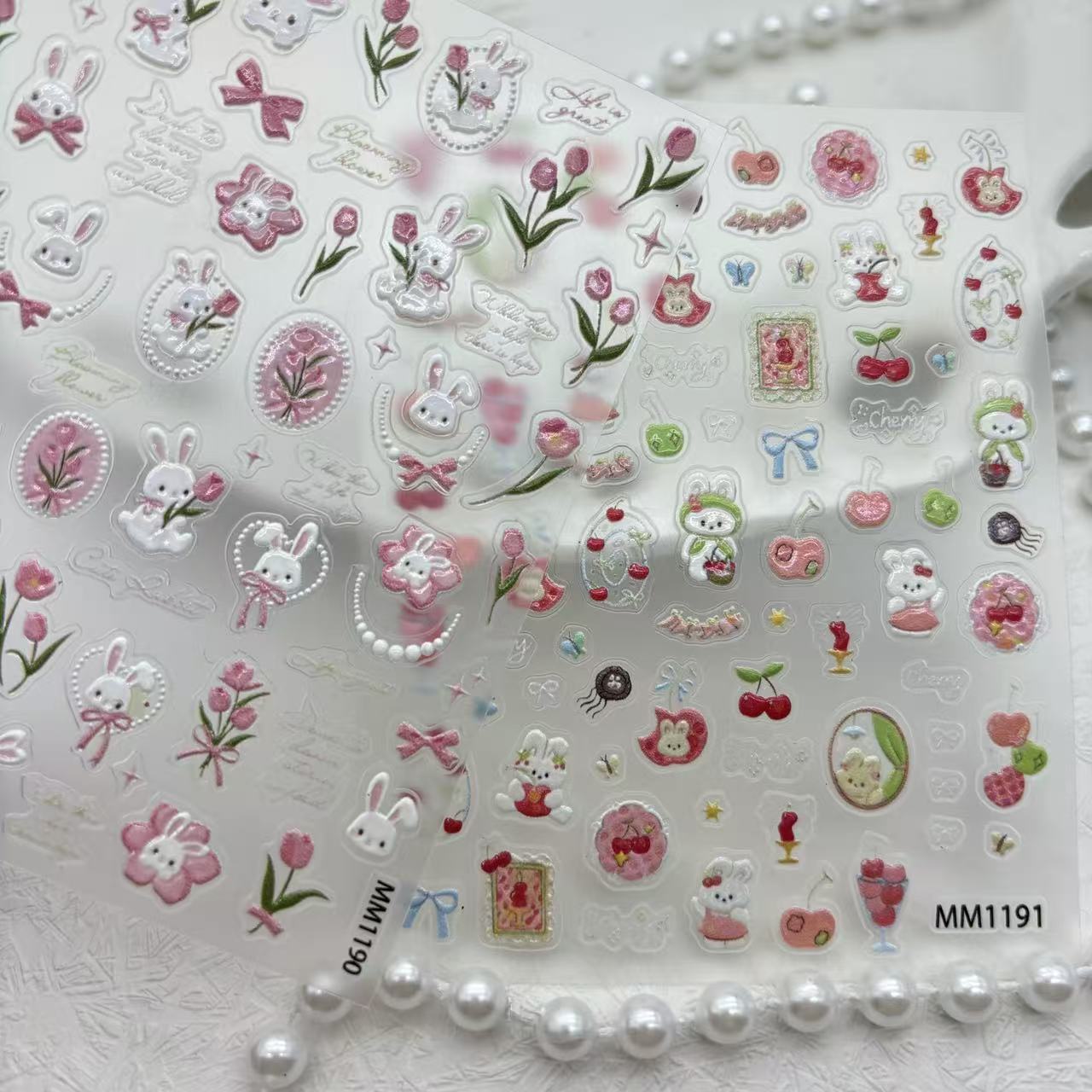 Cute Tulip Bunny Nail Stickers Sweet Girly Style Shell Shine Spring Soft Cute Bunny Stickers Shell Shine