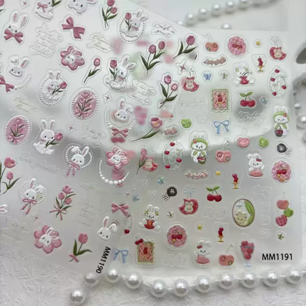Cute Tulip Bunny Nail Stickers Sweet Girly Style Shell Shine Spring Soft Cute Bunny Stickers Shell Shine