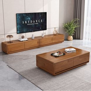All Solid Wood Tv Cabinet Floor Cabinet Modern Simple Coffee Table Combination Small Apartment Rubber Wood Living Room Home Set T&