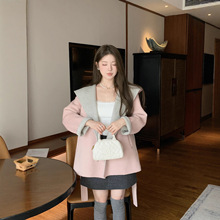 爆款秋冬连帽收腰毛呢斗篷双面拼色羊毛加厚毛呢大衣外套显瘦显高