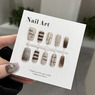 Pre-Made Brown Graffiti Wearable Manicure Ins Style Boutique Versatile Popular New Chinese Semi-Finished Fake Nail Stickers