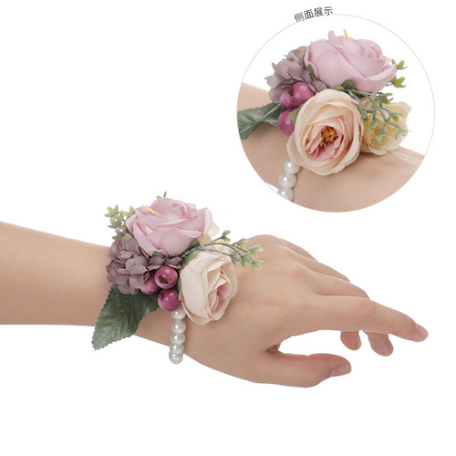 Bride and bridesmaid wrist flower wedding forest pearl wrist flower dance performance simulation flower bracelet Amazon source