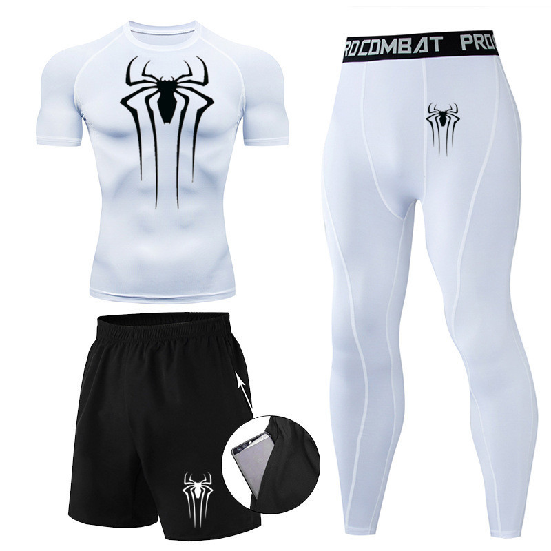 Marca hombres Spider-Man impreso de tres piezas de compresión de secado rápido de manga larga medias corriendo traje deportivo traje de entrenamiento