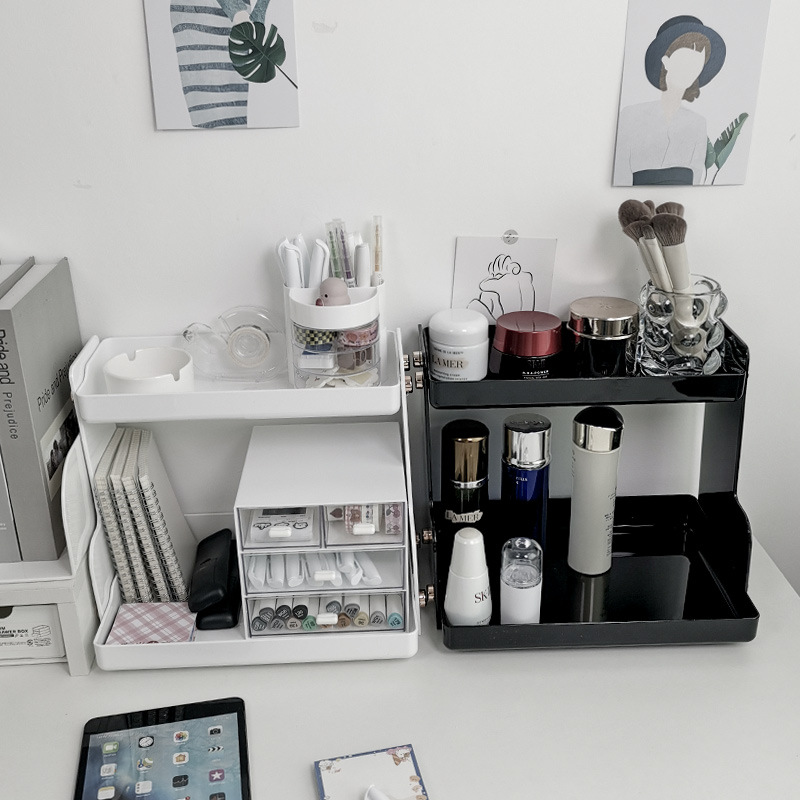 Estante de almacenamiento de escritorio de PET escritorio del estudiante dormitorio organización tocador caja de almacenamiento de cosméticos estante de almacenamiento de doble capa