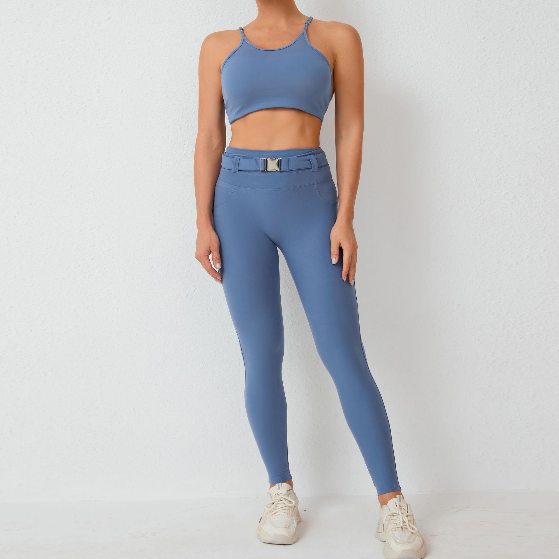 Cross-border imitation denim yoga suit tight set pocket peach hip belt workout suit set beautiful back yoga set