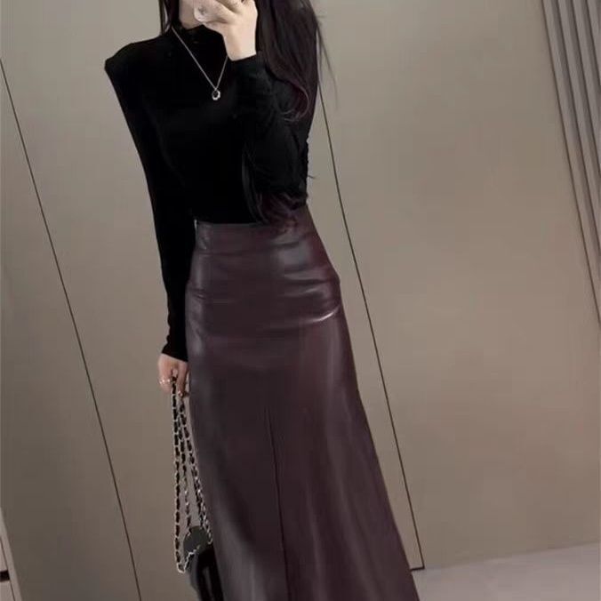 2025 New Leather Skirt Suit Two-Piece Women's Top Plus Hip-Covering Half-Length Skirt to Reduce Age and Match a Complete Set of Autumn Clothes