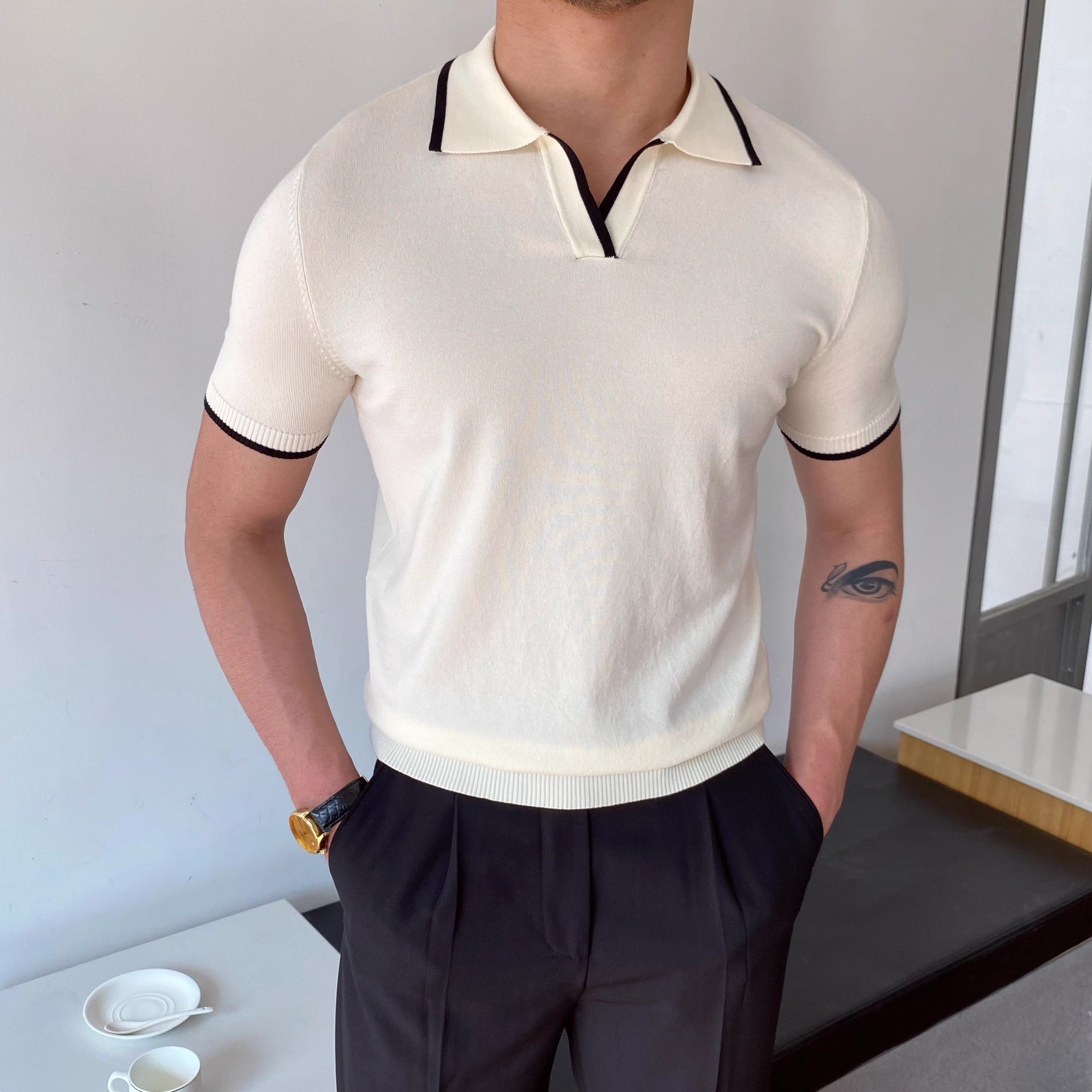 Verano nuevo estilo suéter de manga corta camisa POLO a juego de colores para hombres solapa delgada camiseta de negocios comercio exterior transfronterizo al por mayor
