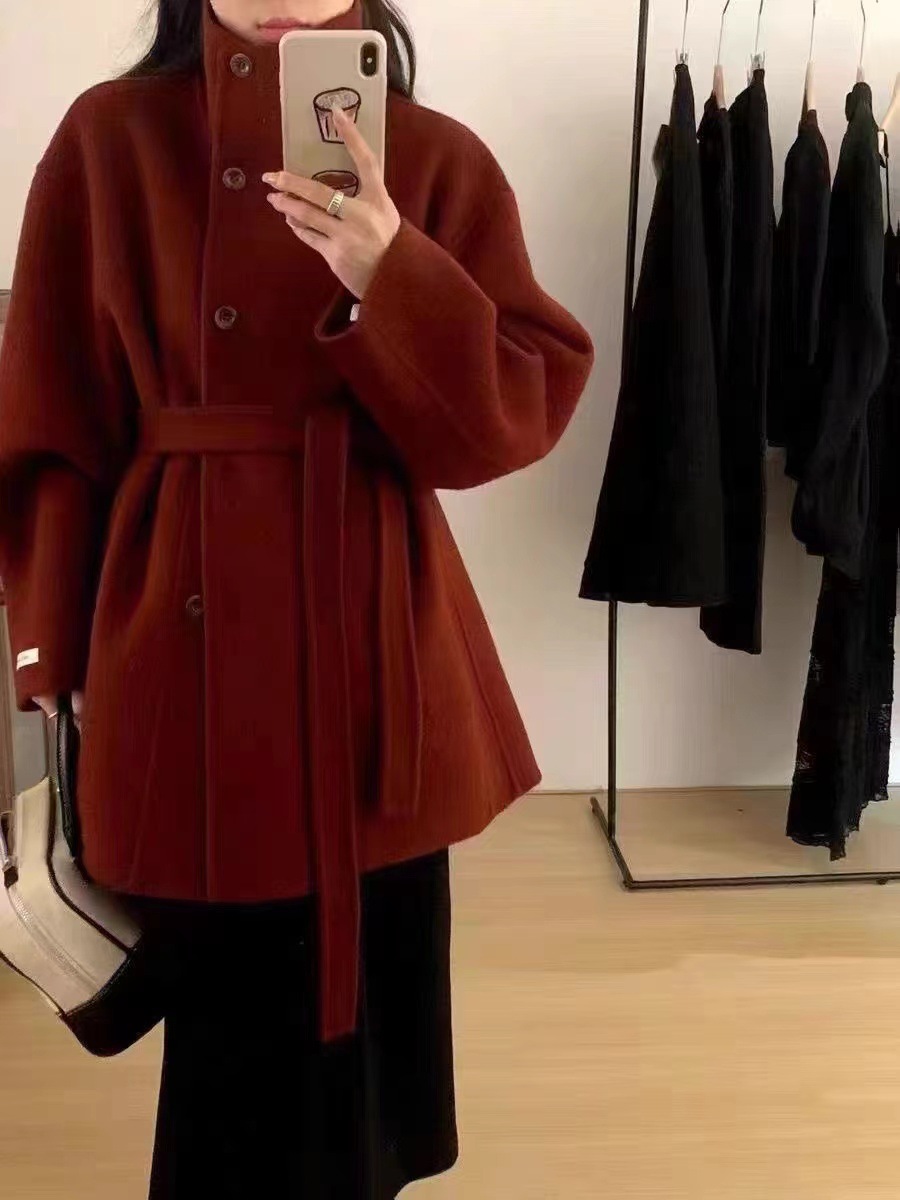 2025年新作 韓国風 細見え スタンドカラー 両面カシミヤウールコート レディース ミドル丈 小柄さん向け ウールコート