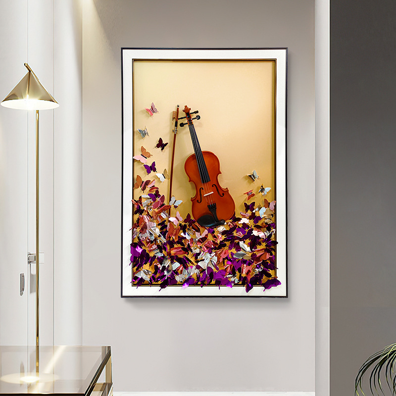 Pintura colgante de violín Hecho a mano Mariposa tridimensional Entrada de cuero Pasillo Pasillo Pintura decorativa Mural atmosférico de alta gama