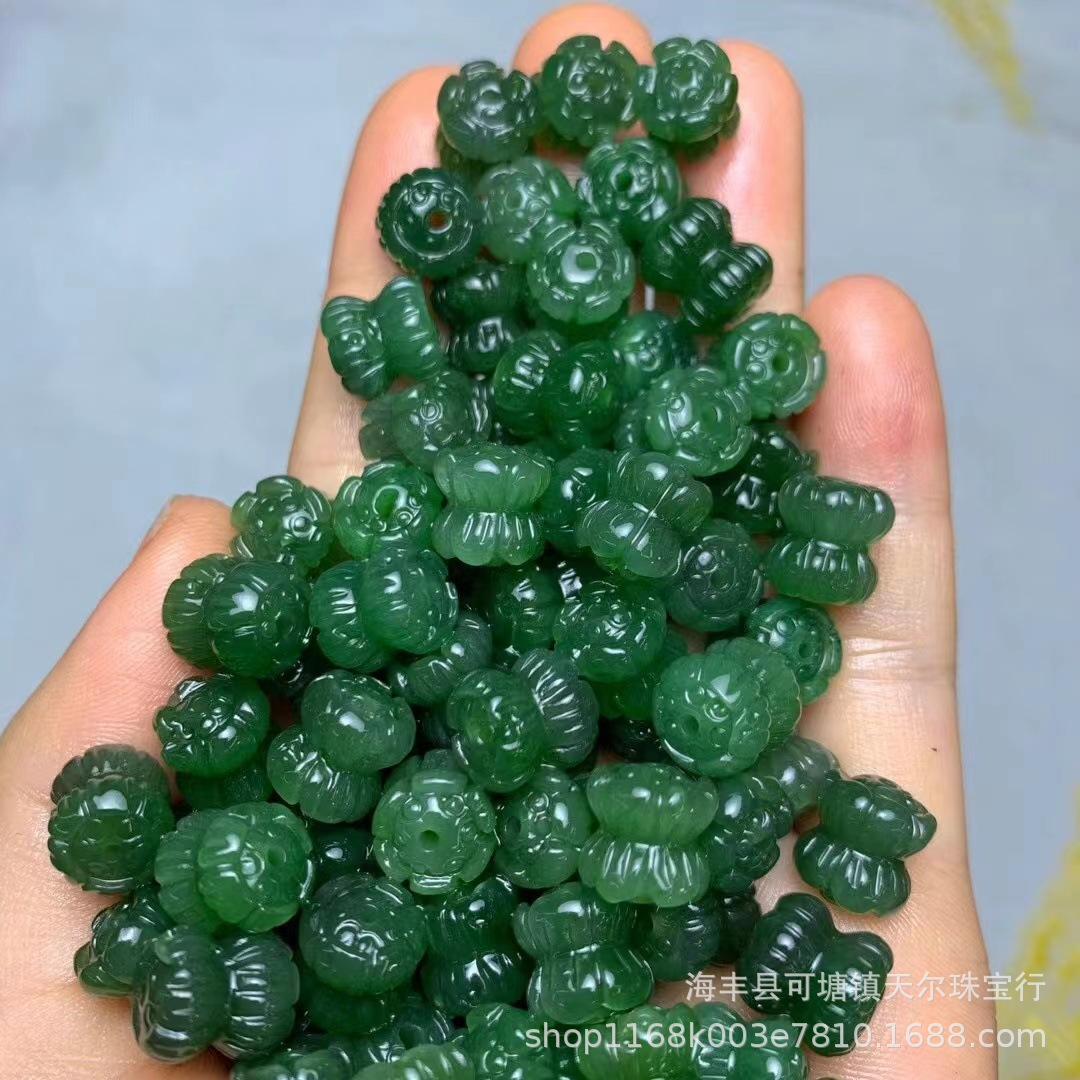 和田玉碧玉俄料 并蒂莲菠菜绿DIY配件小提溜挂件佛珠手链玉石批发
