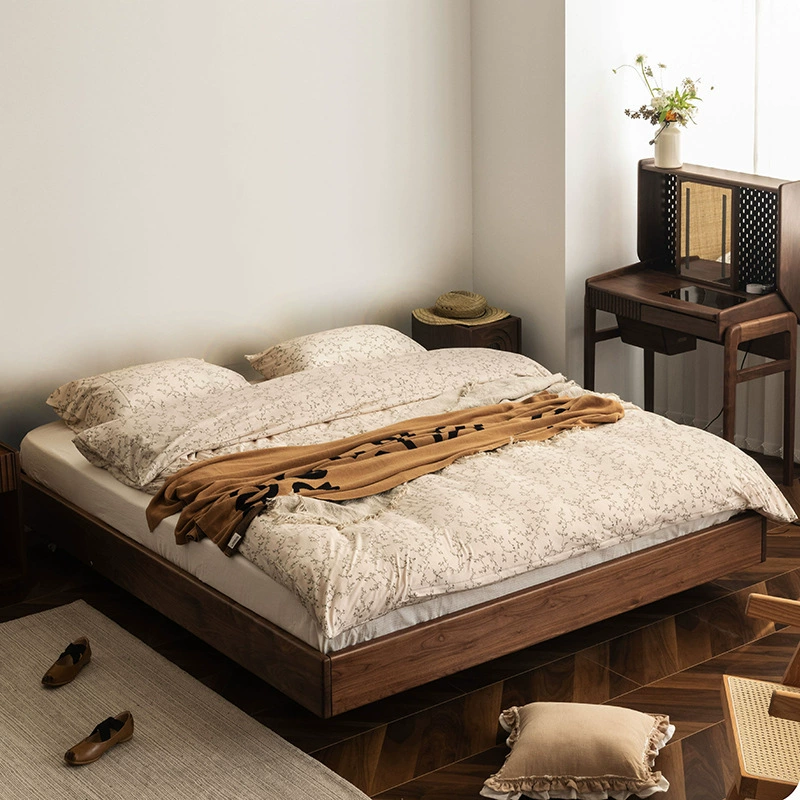 Двуспальная кровать из массива дерева из черного ореха в японском стиле, свет без спинки, с татами, низкая кровать, не прикроватная подвесная кровать