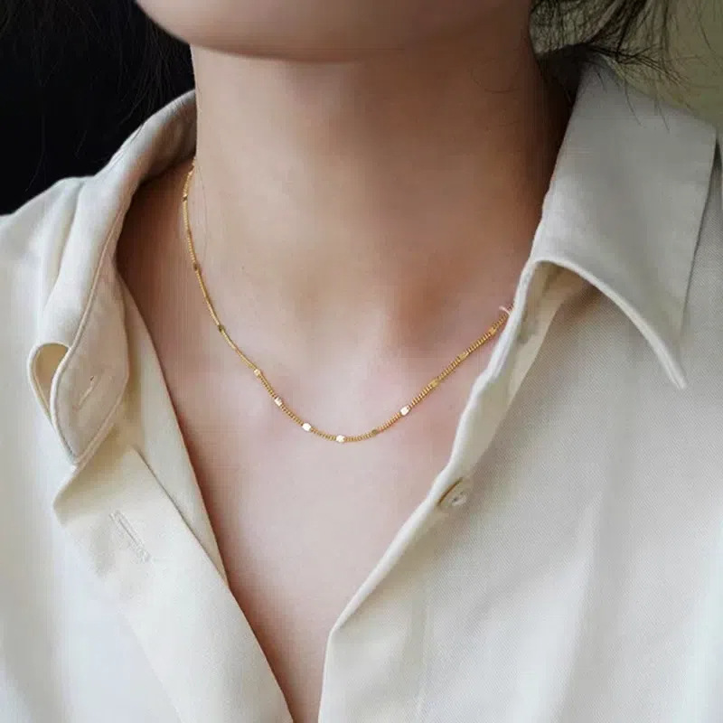 S925 Sterling Silver Plated 14K Gold Plain Chain NecKlace Women's Corrugated Glitter Accessible Luxury High-end Simple StacKed Clavicle Chain