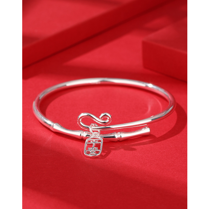 Bambú pulsera de plata femenina plata esterlina 999 abierto joven de bambú sólido periódico seguro de plata pura pulsera regalo para novia