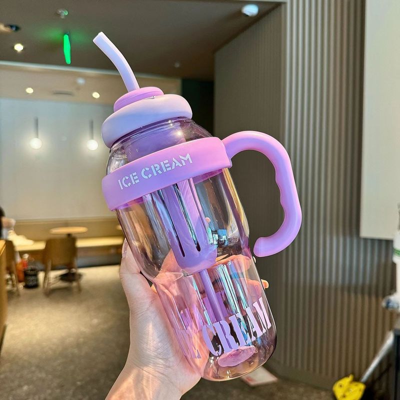 新款高颜值夏季塑料杯顿顿桶奶茶杯带吸管杯可爱手柄超大容量水壶|undefined