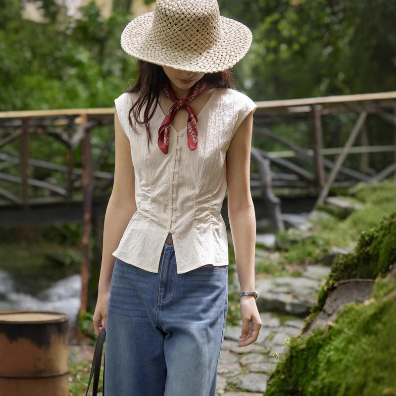 Solighte French Pinch Pleated V-Neck Waist Shirt Women's Summer Elegant Top