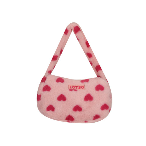 New Strawberry Bear Underarm Bag with Plush Love Heart Shoulder Bag Handbag Sweet and Cute Soft Girl Handbag Storage Bag