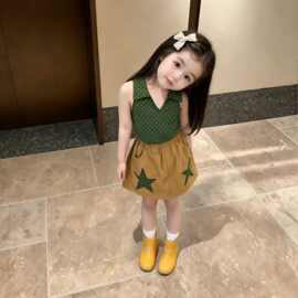 女童套装夏薄款2026新款小女孩巨好看洋气绿色波点背心裙裤两件套