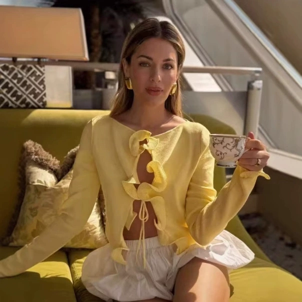 Трансграничный европейский и американский AliExpress взрывной кружевной сшитый цвет черный трикотажный кардиган с длинными рукавами